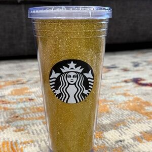 2016 Starbucks Holiday Theme Gold Glitter Sparkle tumbler cup mug with lid 20 oz